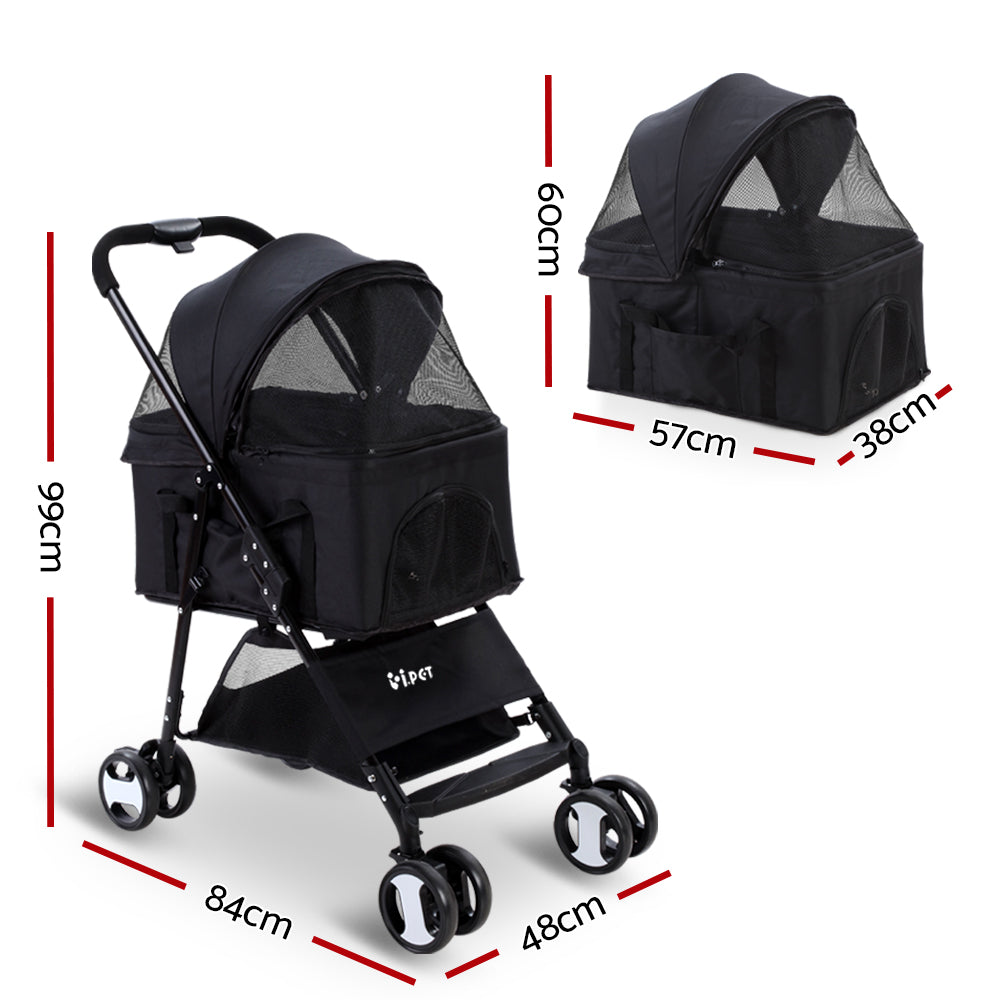 i.Pet Pet Stroller Dog Pram Cat Carrier Travel Large Pushchair Foldable 4 Wheels Black- Free Shipping