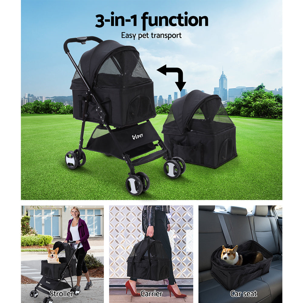 i.Pet Pet Stroller Dog Pram Cat Carrier Travel Large Pushchair Foldable 4 Wheels Black- Free Shipping