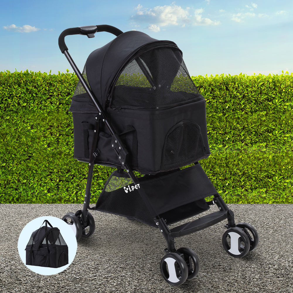 i.Pet Pet Stroller Dog Pram Cat Carrier Travel Large Pushchair Foldable 4 Wheels Black- Free Shipping