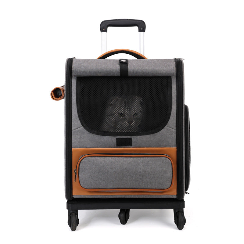 Grey Large Capacity Breathable Foldable Pet Trolley – Travel Cat Carrier with Wheels, Portable, Spacious, and Convenient for Two Cats- Free Shipping