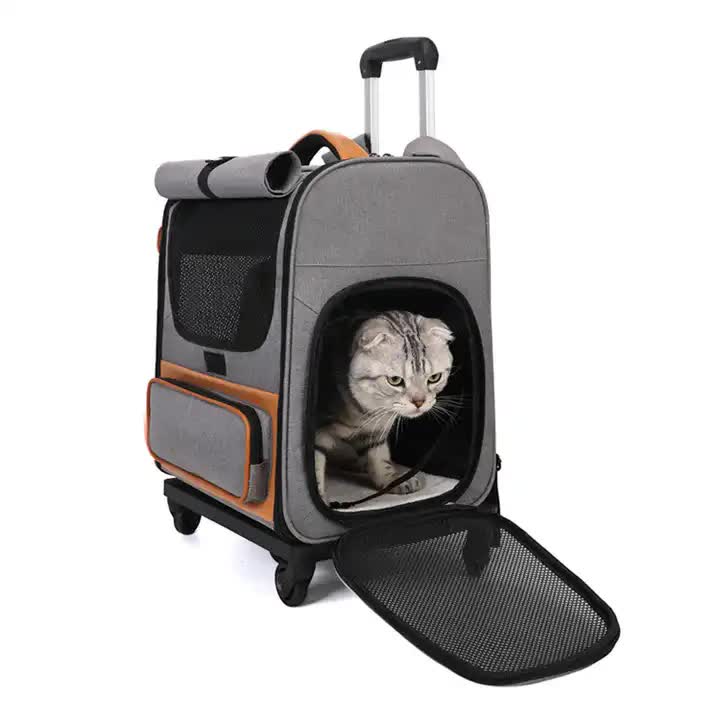 Grey Large Capacity Breathable Foldable Pet Trolley – Travel Cat Carrier with Wheels, Portable, Spacious, and Convenient for Two Cats- Free Shipping
