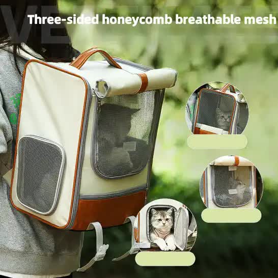 Off-white Large Capacity Breathable Foldable Pet Trolley - Travel Cat Carrier with Wheels, Portable, Spacious, and Convenient for Two Cats- Free Shipping