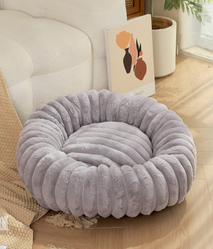 Grey Plush Pet Bed - 40cm Round Dog & Cat Mat, Cozy PP Cotton Filled, Free Shipping