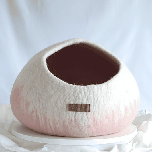 Handmade 100% Pure Merino Wool Calming Cat Cave Bed Pink White