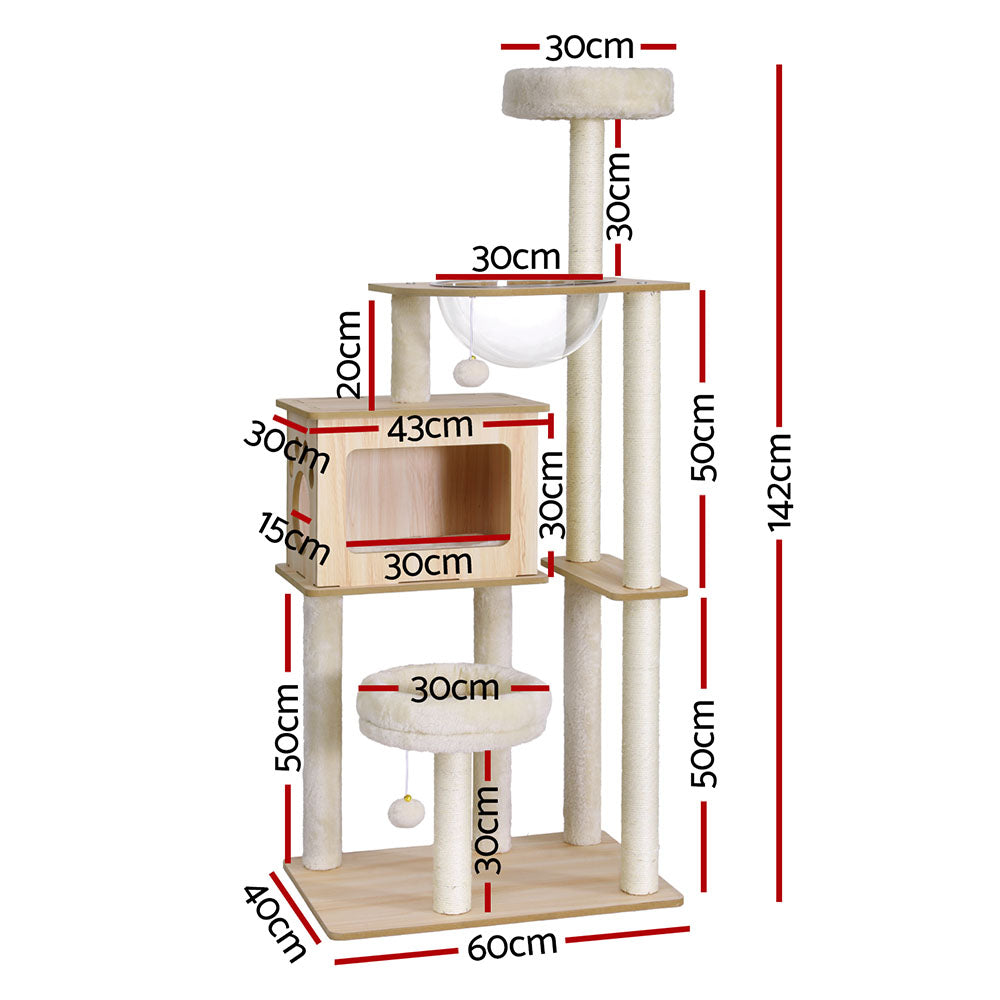 142 cm quality,  plush and timber cat scratching tree- multiple levels and cubby house