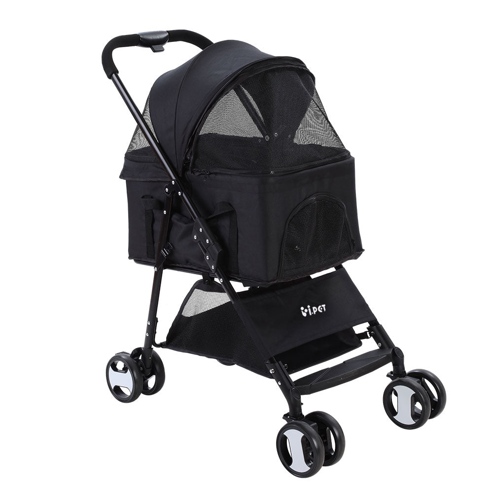 i.Pet Pet Stroller Dog Pram Cat Carrier Travel Large Pushchair Foldable 4 Wheels Black- Free Shipping
