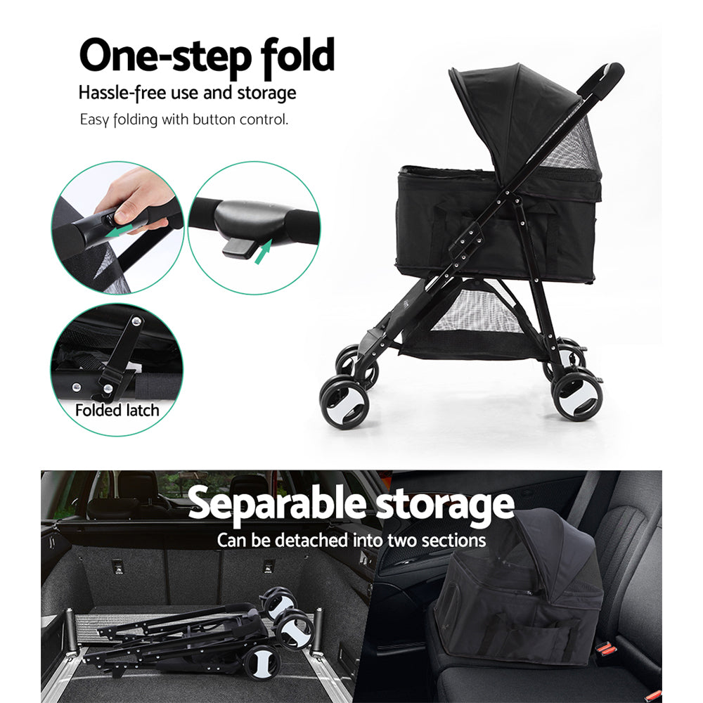 i.Pet Pet Stroller Dog Pram Cat Carrier Travel Large Pushchair Foldable 4 Wheels Black- Free Shipping