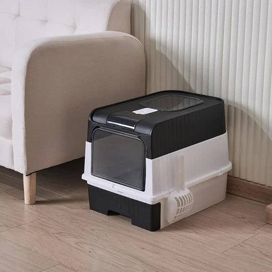 Black Large Enclosed Cat Litter Box with Drawer and Scoop-Odor Control, Removable Tray, Easy Clean Design- Free Shipping