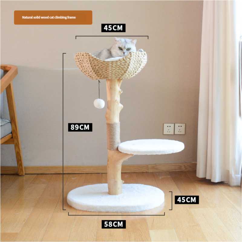 Natural Solid Wood Cat Climbing Tree with Rattan Cushion Basket- Free Shipping (89cm H X 58cm W)