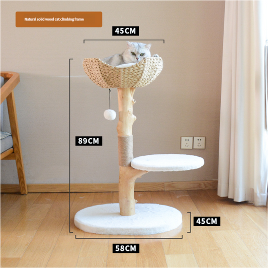 Natural Solid Wood Cat Climbing Tree with Rattan Cushion Basket- Free Shipping (89cm H X 58cm W)