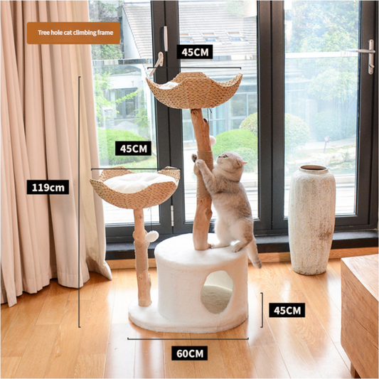 Natural Solid Wood Cat Climbing Tree with Two Rattan Baskets  Plush Cubby House- Free Shipping  ( 119cm H X 60cm W)
