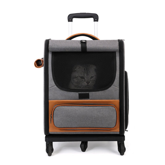 Grey Large Capacity Breathable Foldable Pet Trolley – Travel Cat Carrier with Wheels, Portable, Spacious, and Convenient for Two Cats- Free Shipping