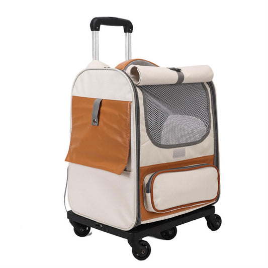 Off-white Large Capacity Breathable Foldable Pet Trolley - Travel Cat Carrier with Wheels, Portable, Spacious, and Convenient for Two Cats- Free Shipping