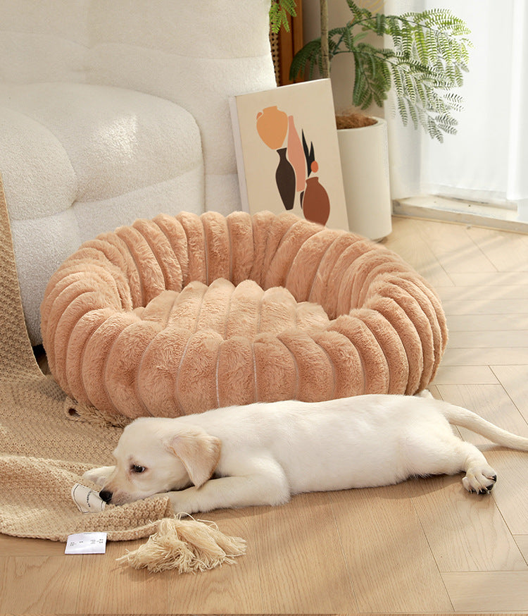 Khaki Plush Pet Bed - 40cm Round Dog & Cat Mat, Cozy PP Cotton Filled, Free Shipping