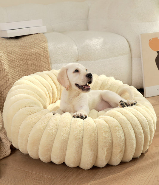 Beige Plush Pet Bed - 40cm Round Dog & Cat Mat, Cozy PP Cotton Filled, Free Shipping