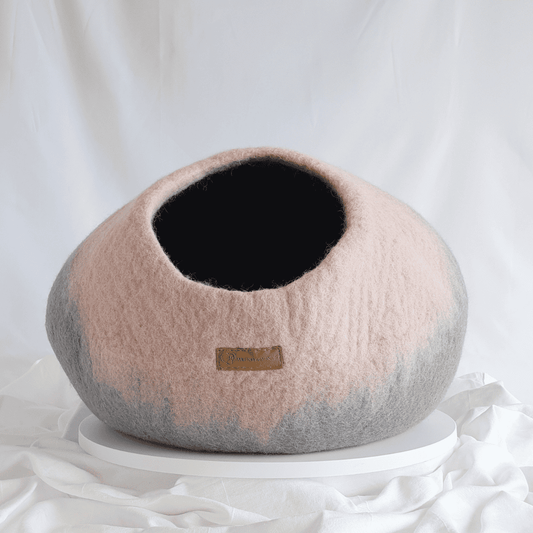 Handmade 100% Pure Merino Wool Calming Cat Cave Bed Pink Grey