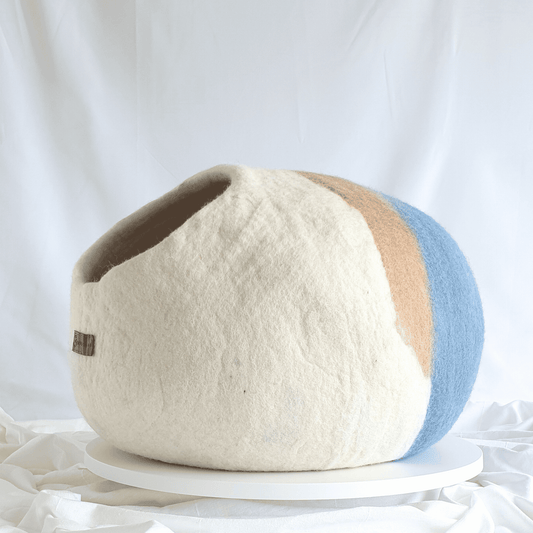 Handmade 100% Pure Merino Wool Calming Cat Cave Bed Tri Colour
