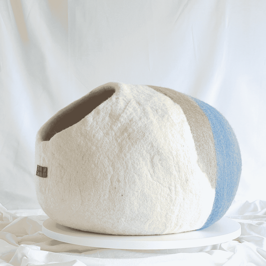 Handmade 100% Pure Merino Wool Calming Cat Cave Bed Tri Colour